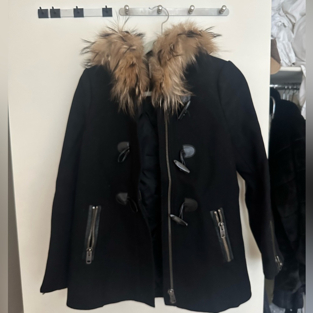 Chic black SAM pea coat with rabbit fur hood!